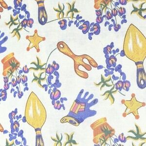 Vintage Gardening Novelty Print Cotton Fabric Trowel Gloves Flowers White Multi